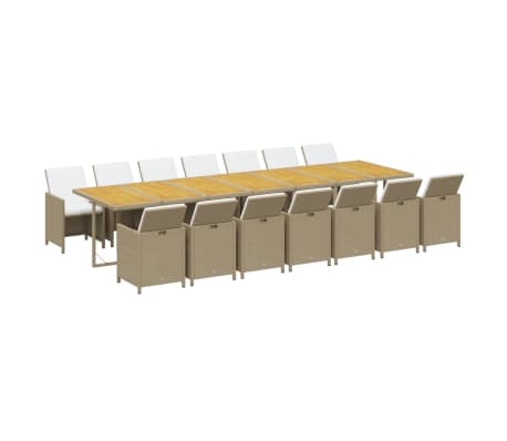 vidaXL Matgrupp f&ouml;r tr&auml;dg&aring;rden med dynor 15 delar beige konstrotting