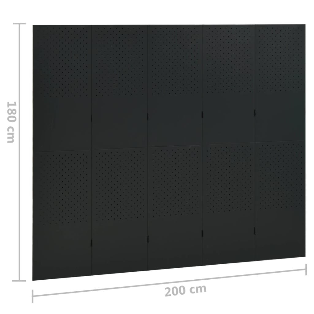 2 db fekete acél 5-paneles térelválasztó 200 x 180 cm 