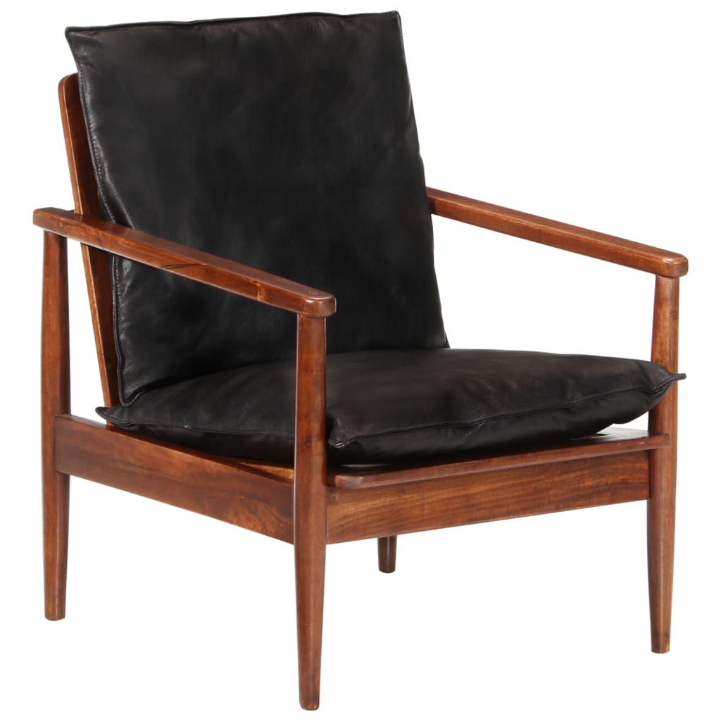 vidaXL Armchair Black Real Leather and Solid Wood Acacia