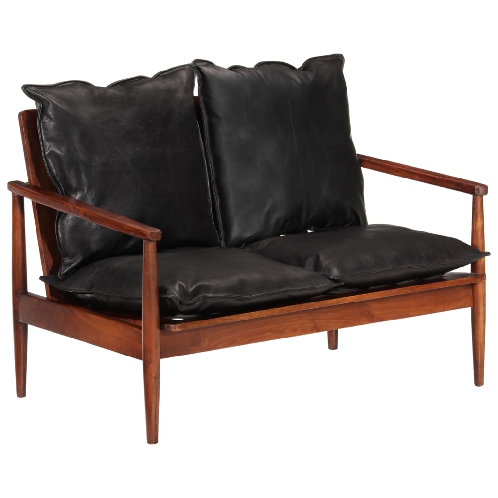 vidaXL 2-Sitzer-Sofa Schwarz Echtleder und Massivholz Akazie