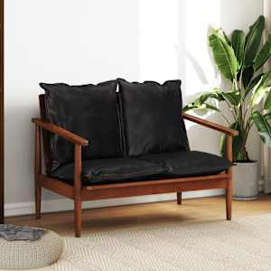 Kavč dvosed črno pravo usnje in trden akacijev les