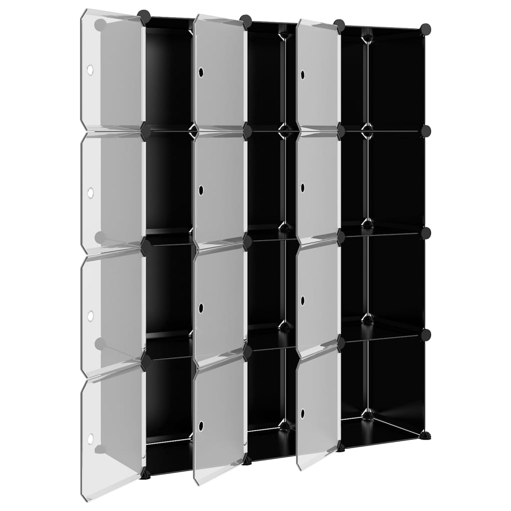Organizator cub de depozitare cu uși, 12 cuburi, negru, PP
