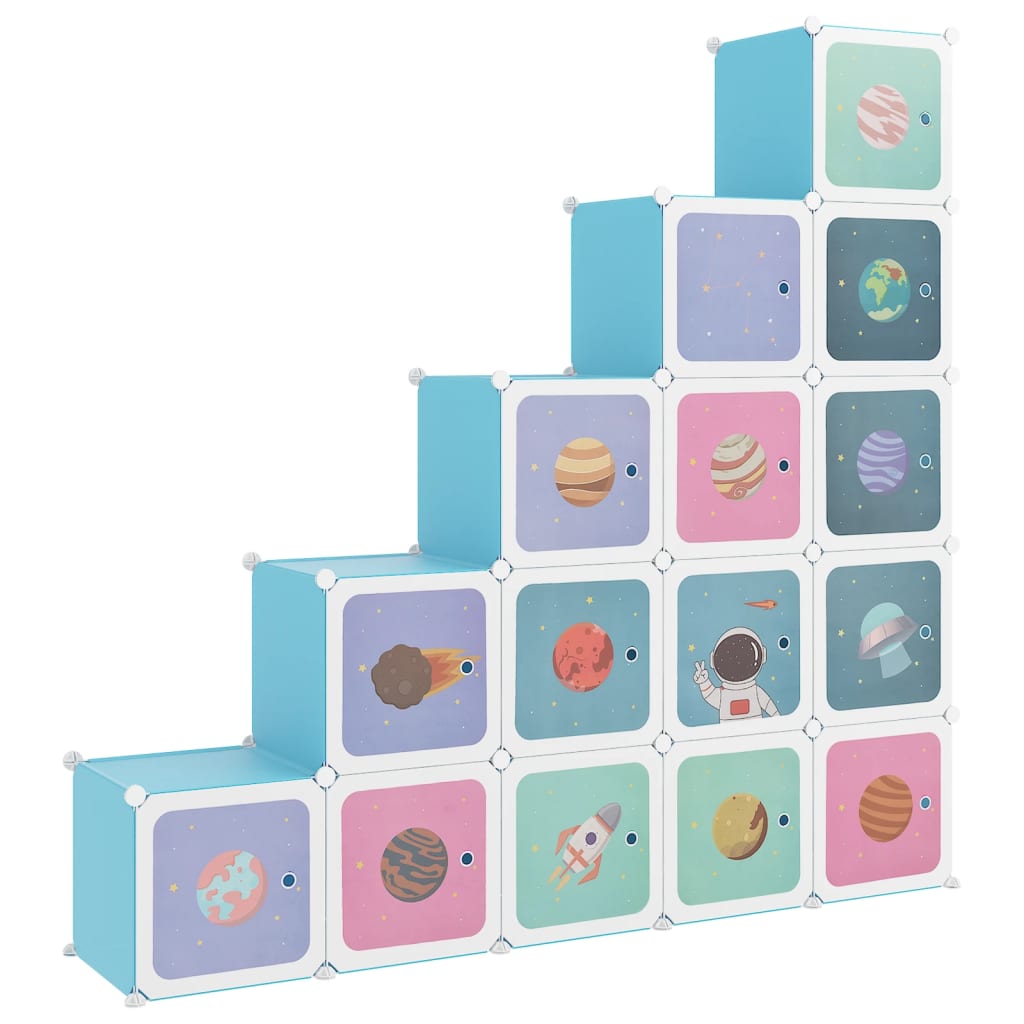 Dulap de depozitare cub pentru copii, 15 cuburi, albastru, PP