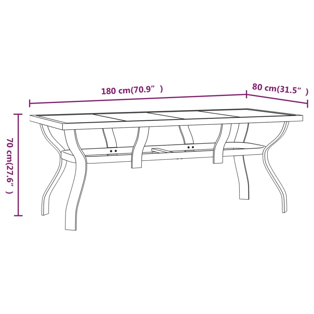 Vrtna miza rjava in črna 180x80x70 cm jeklo in steklo