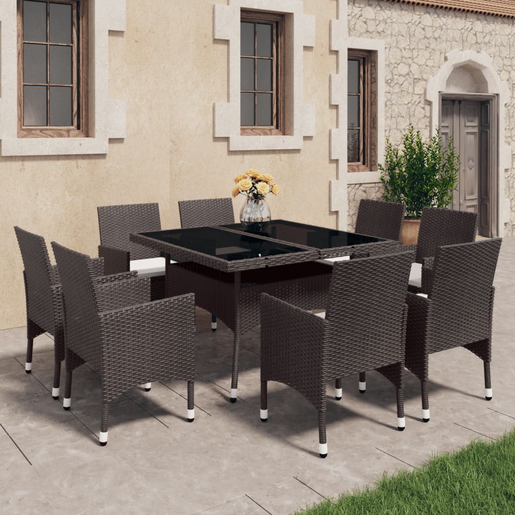 vidaXL 9-tlg. Garten-Essgruppe Poly Rattan und Hartglas Braun