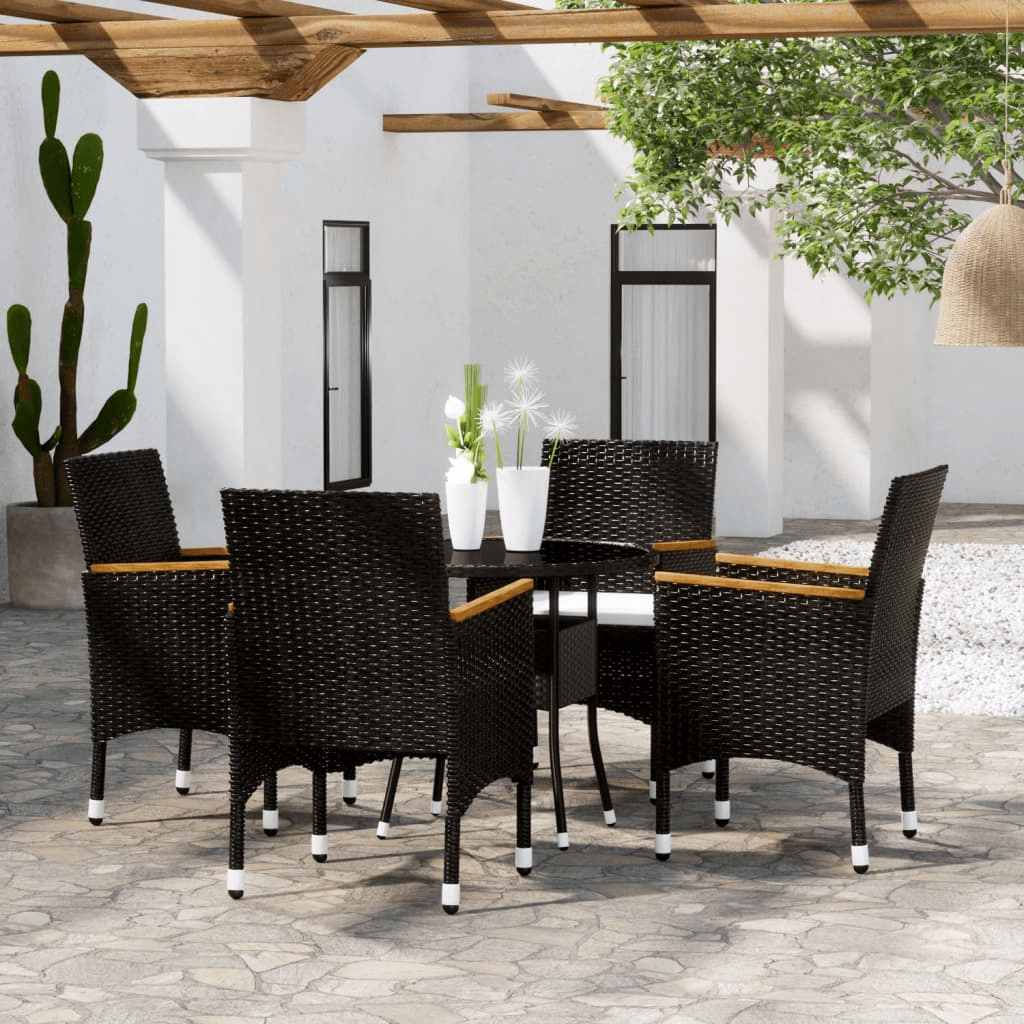 vidaXL 5-osainen Bistrosarja polyrottinki ja karkaistu lasi musta