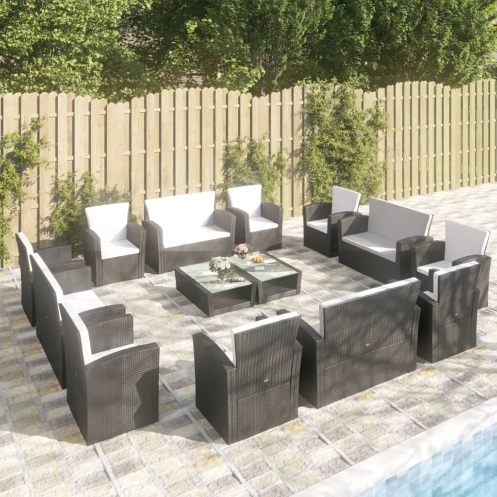 vidaXL 16 pcs conjunto lounge de jardim c/ almofadões vime PE preto