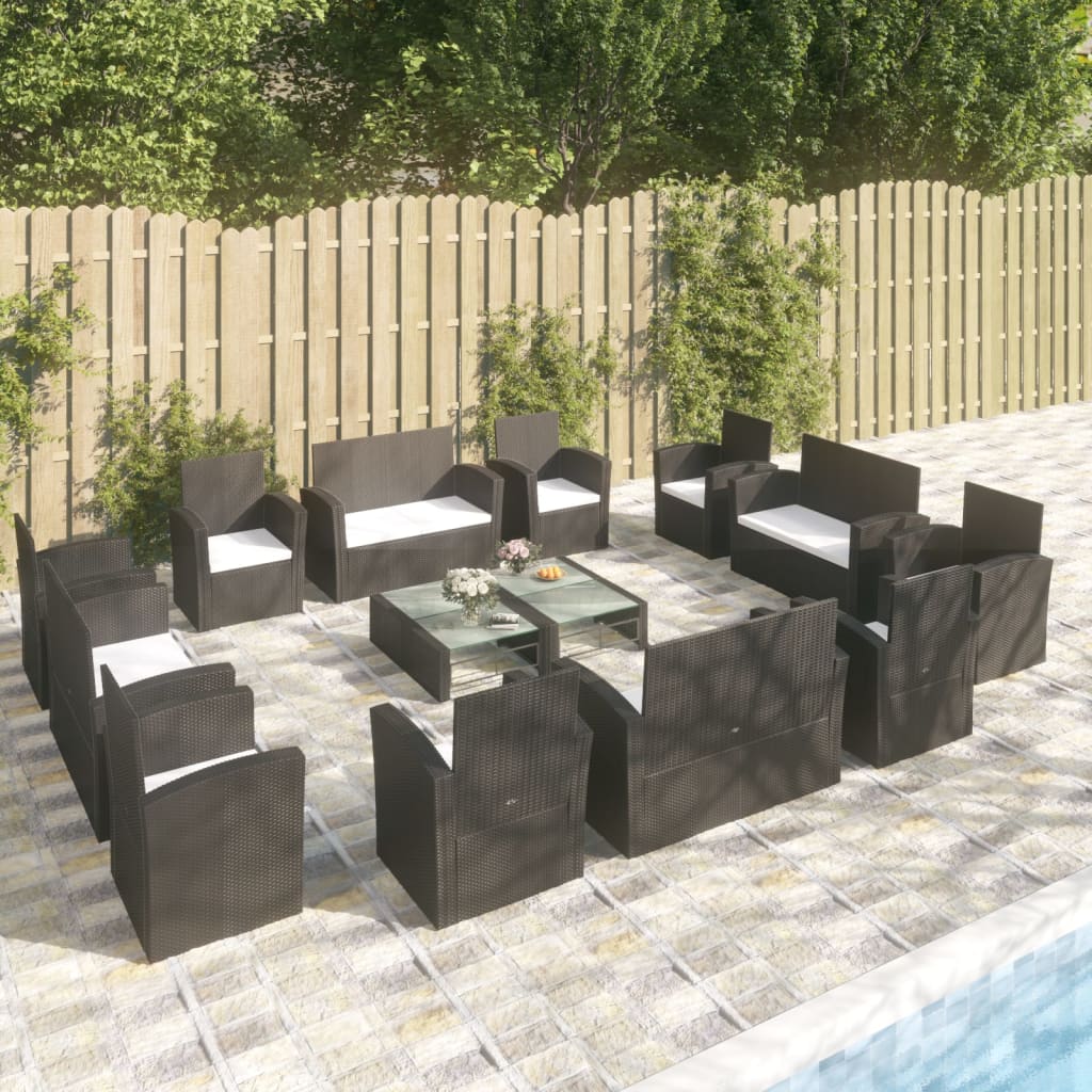 Set mobilier de grădină cu perne, 16 piese, negru, poliratan