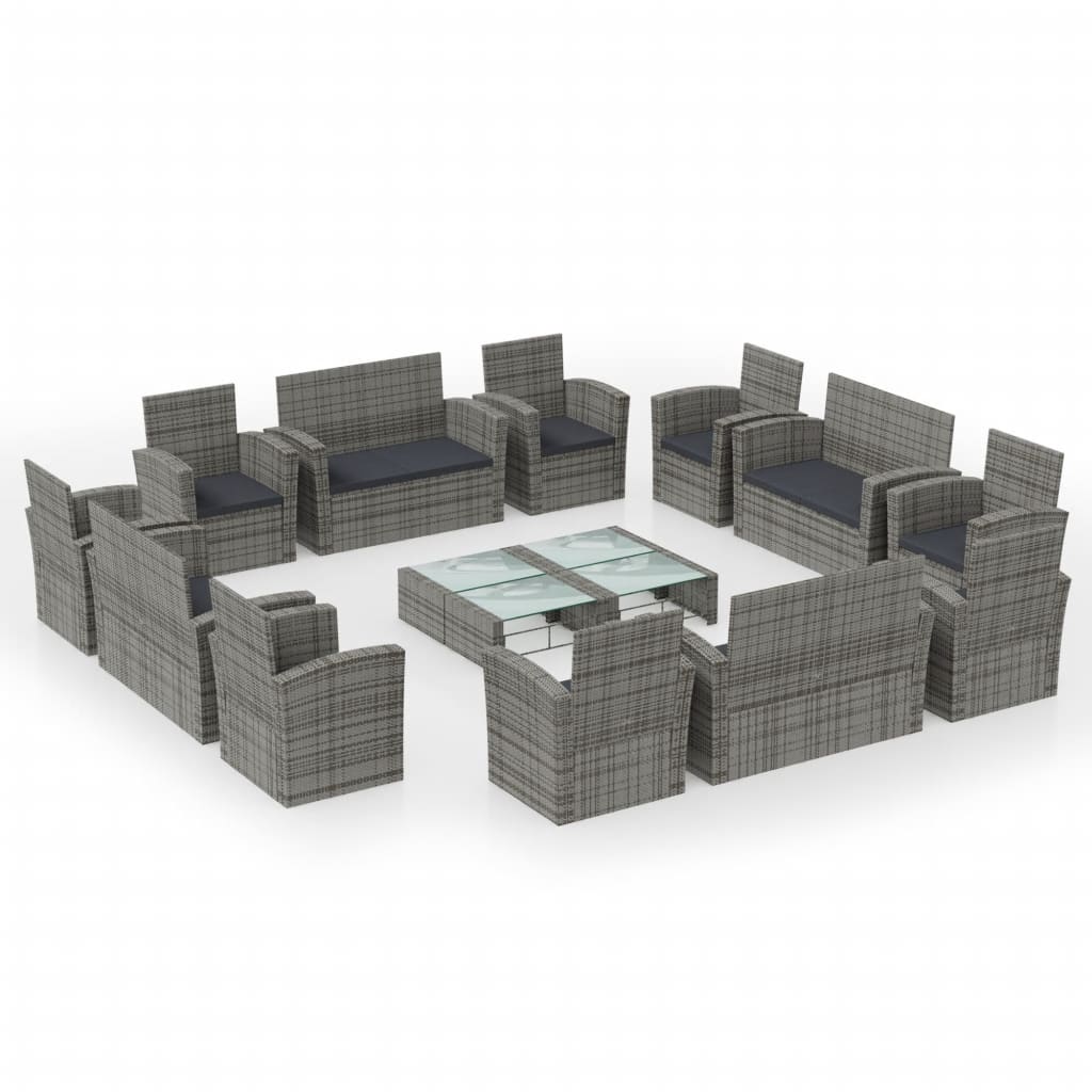 vidaXL 16-delige Loungeset met kussens poly rattan grijs