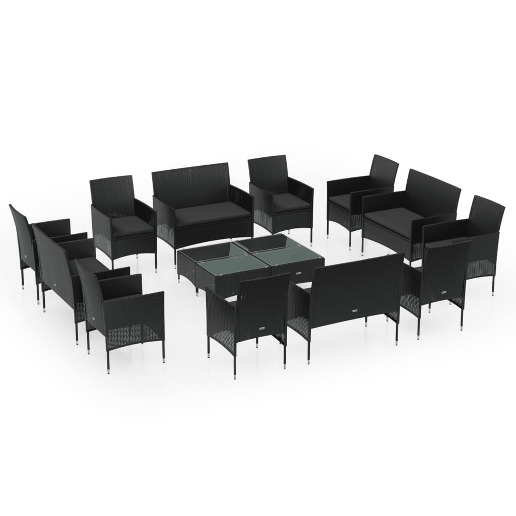 vidaXL 16-delige Loungeset met kussens poly rattan zwart