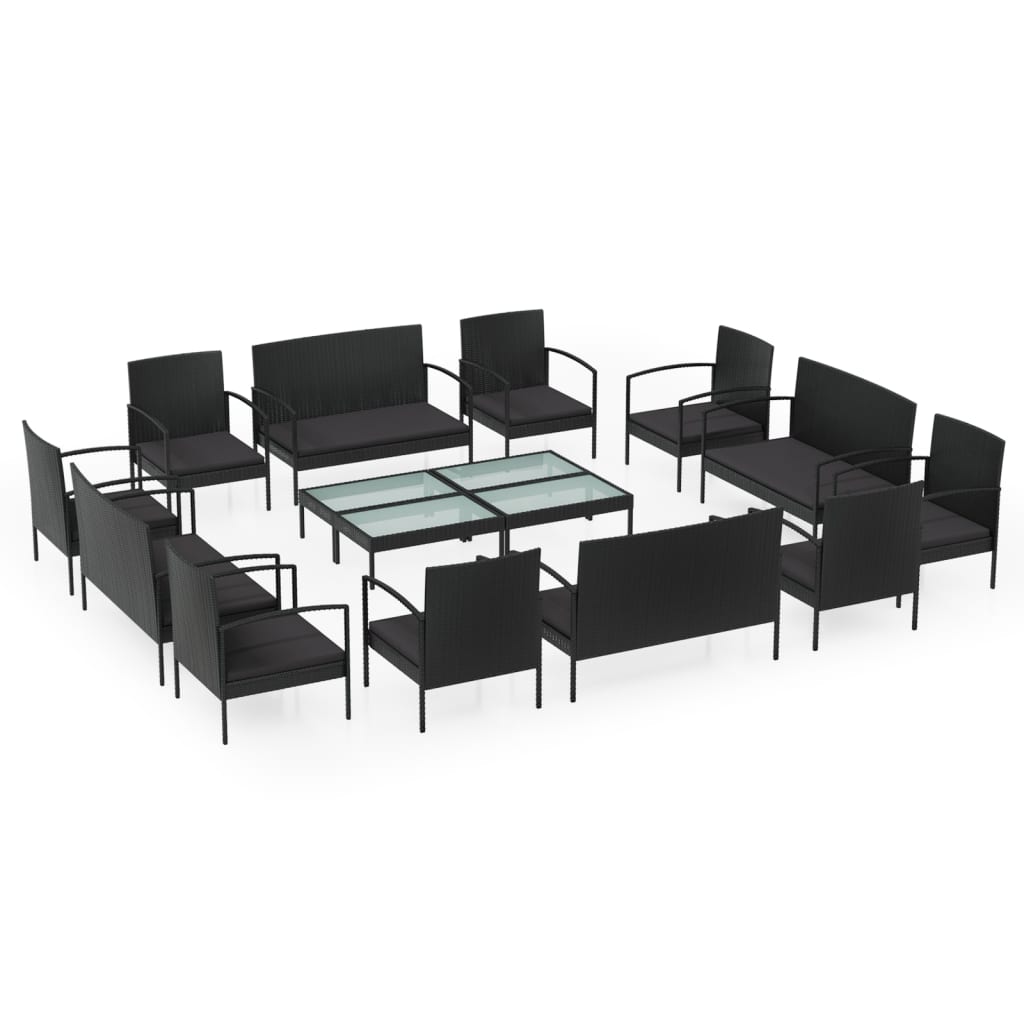 vidaXL 16-delige Loungeset met kussens poly rattan zwart