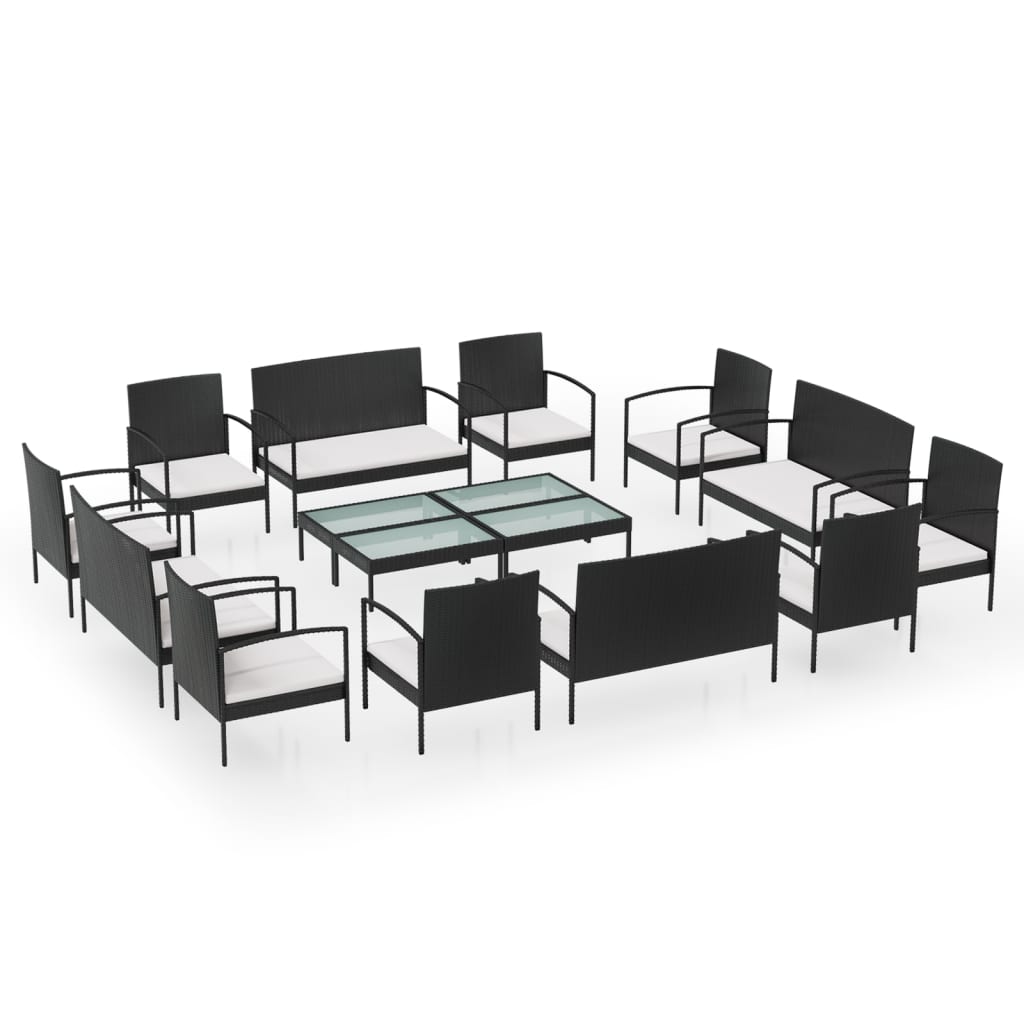 vidaXL 16-delige Loungeset met kussens poly rattan zwart