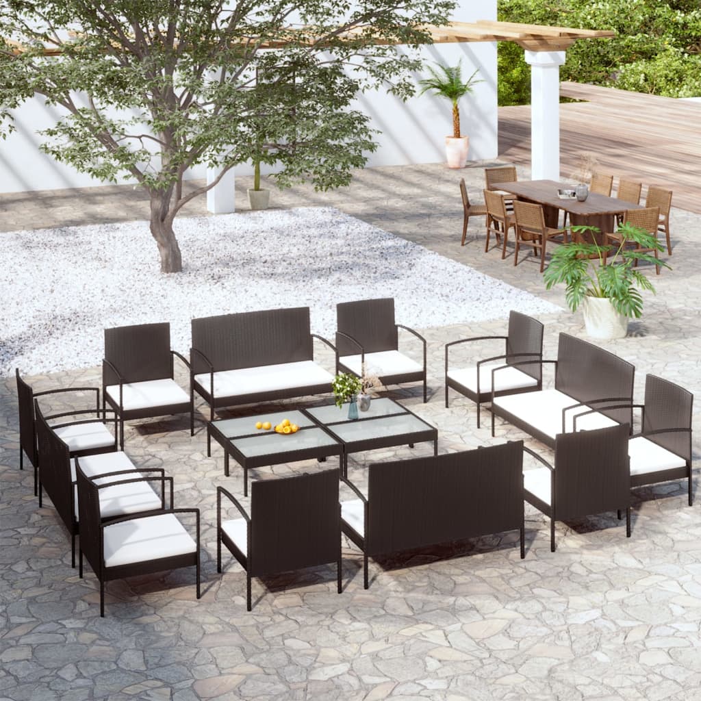 vidaXL Salon de jardin 16 pcs avec coussins Résine tressée Noir