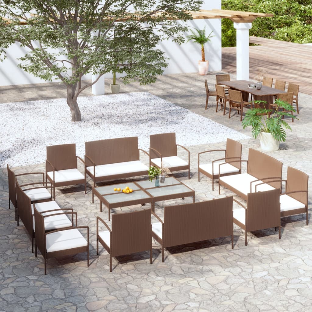 vidaXL 16-tlg. Garten-Lounge-Set mit Auflagen Poly Rattan Braun