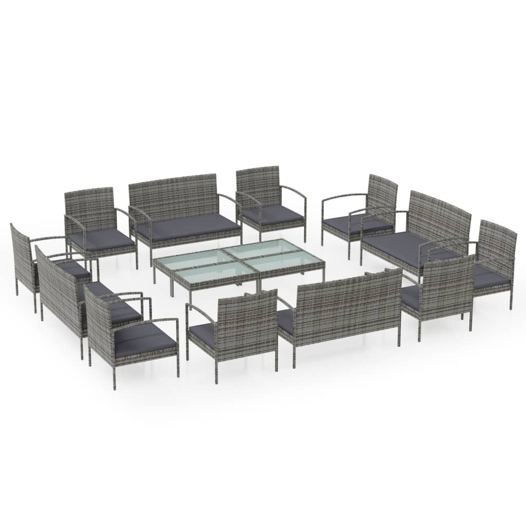 vidaXL 16-delige Loungeset met kussens poly rattan grijs
