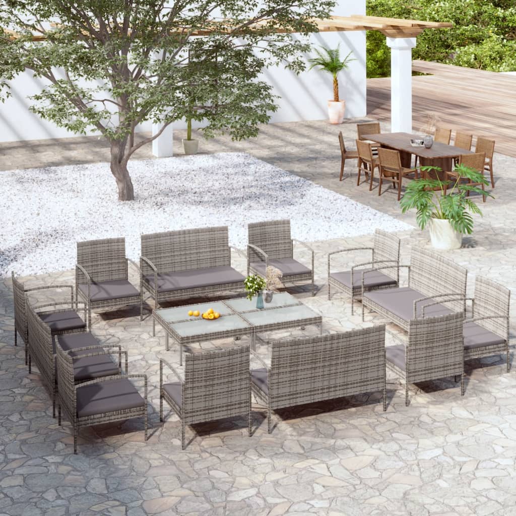 vidaXL 16-tlg. Garten-Lounge-Set mit Auflagen Poly Rattan Grau