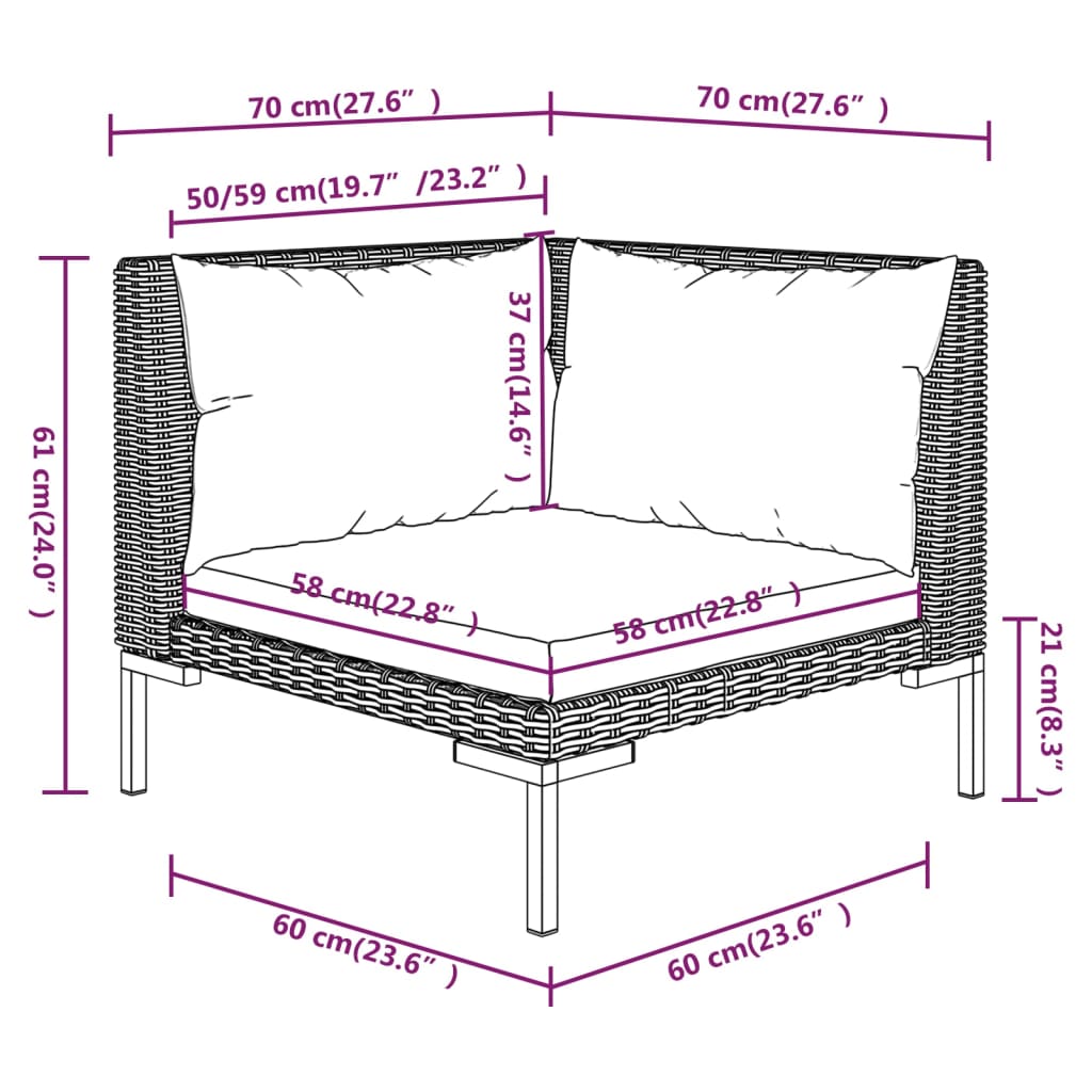 Set mobilier grădină 3 piese, gri închis, poliratan semi-rotund