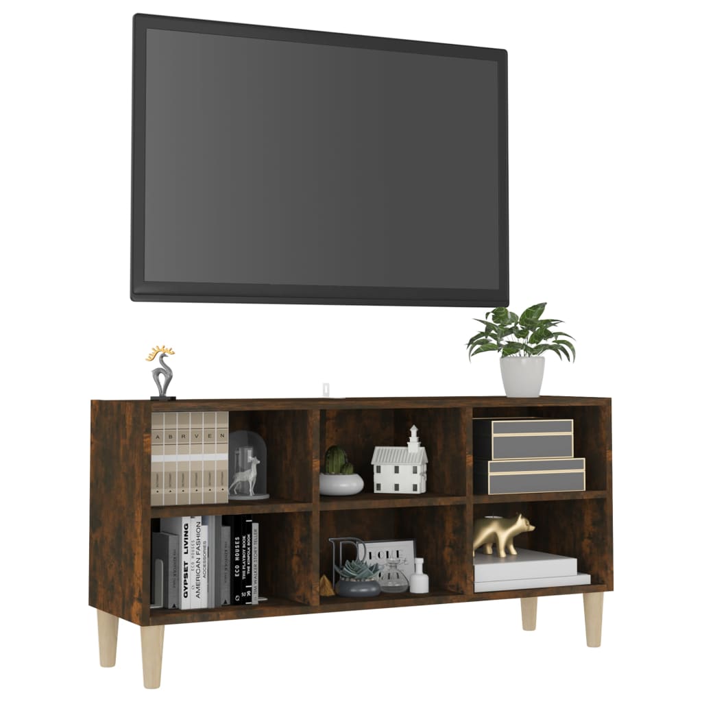 Meuble TV avec pieds en bois massif Chêne fumé 103,5x30x50 cm | meublestv.fr 4