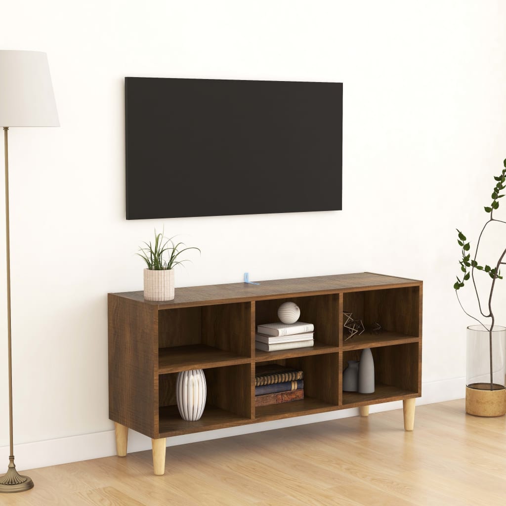 Meuble TV avec pieds en bois massif Chêne marron 103,5x30x50 cm | meublestv.fr 2