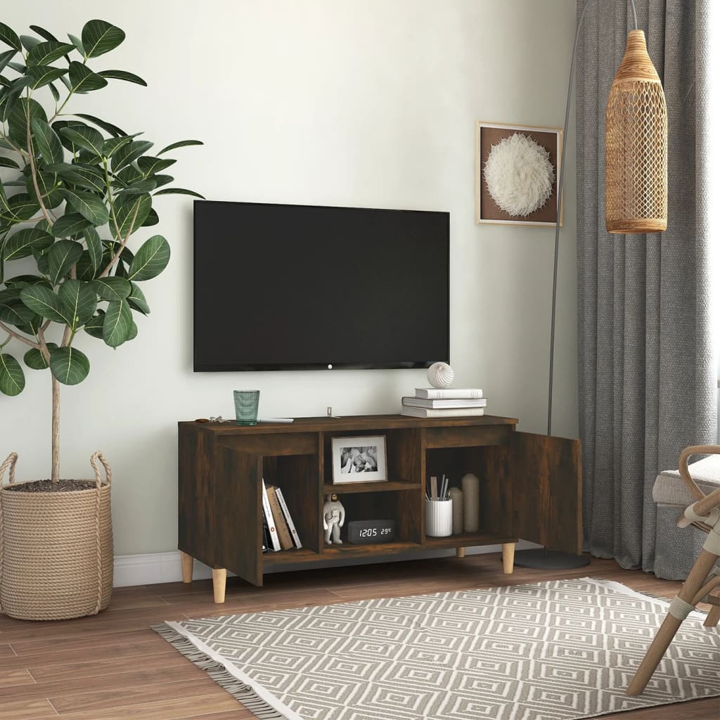 Meuble TV avec pieds en bois solide Chêne fumé 103,5x35x50 cm | meublestv.fr 7
