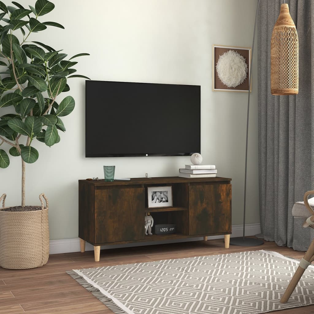 Meuble TV avec pieds en bois solide Chêne fumé 103,5x35x50 cm | meublestv.fr 2
