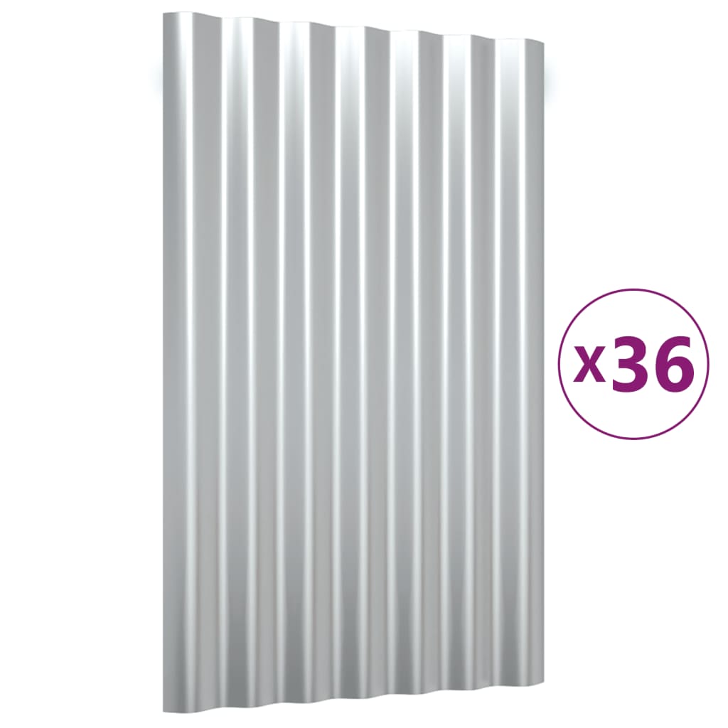 vidaXL Strešné panely 36 ks práškovaná oceľ strieborné 60x36 cm