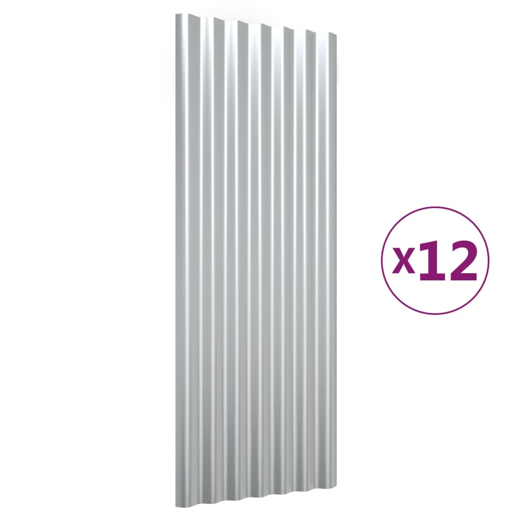 vidaXL Strešné panely 12 ks práškovaná oceľ strieborné 100x36 cm