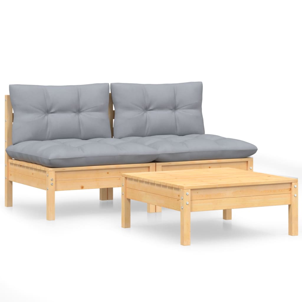 vidaXL 3-delige Loungeset met grijze kussens grenenhout