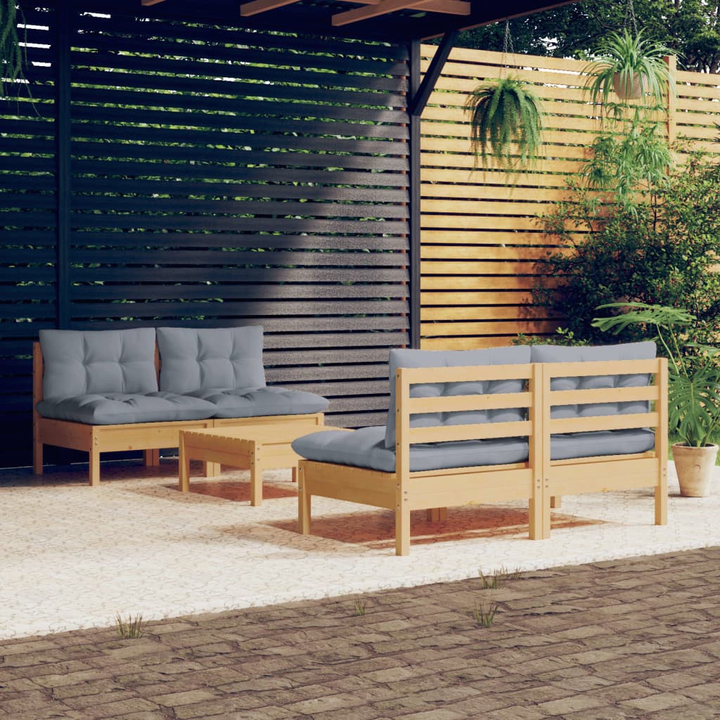 vidaXL 5 pcs conjunto lounge de jardim c/ almofadões cinzentos pinho