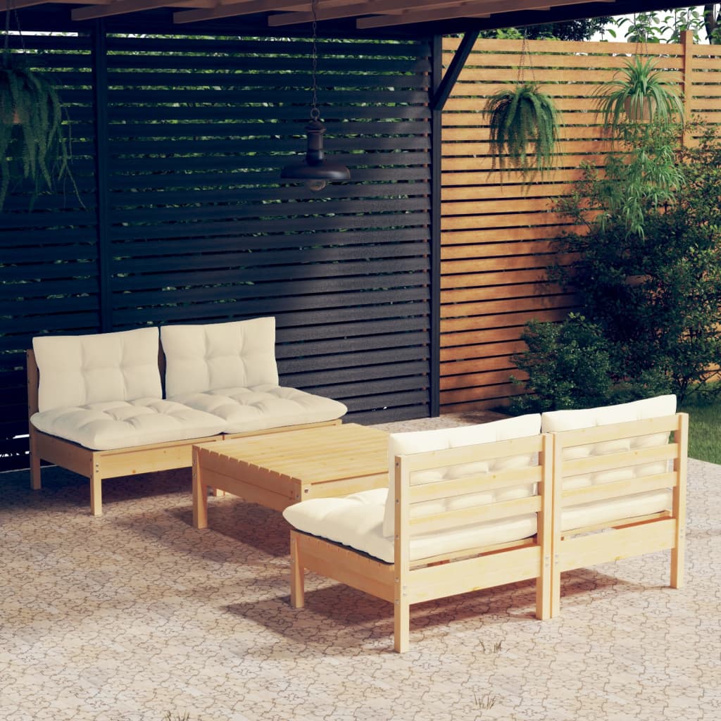 vidaXL 5-tlg. Garten-Lounge-Set mit Creme Kissen Kiefernholz