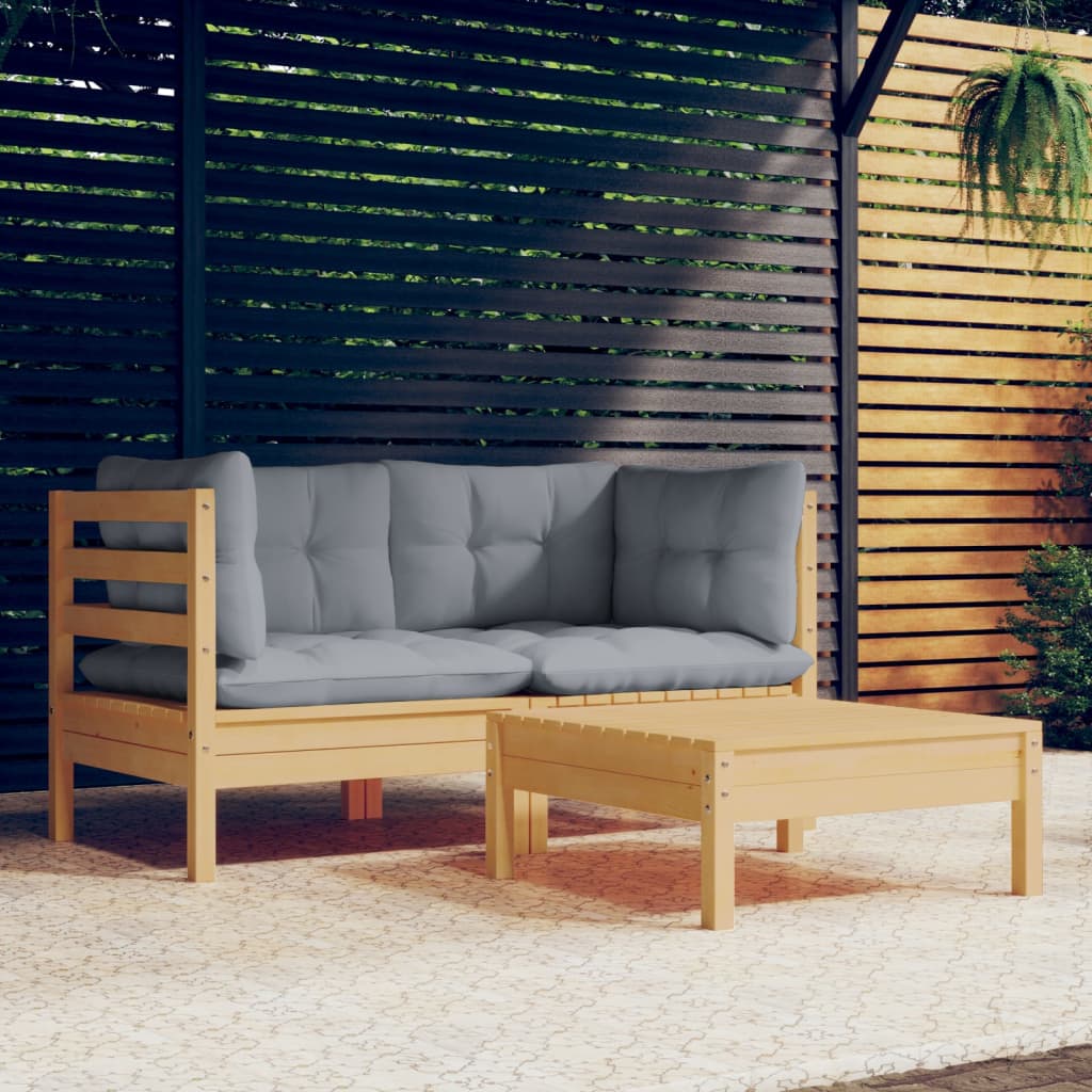 vidaXL 3-tlg. Garten-Lounge-Set mit Grauen Kissen Kiefernholz