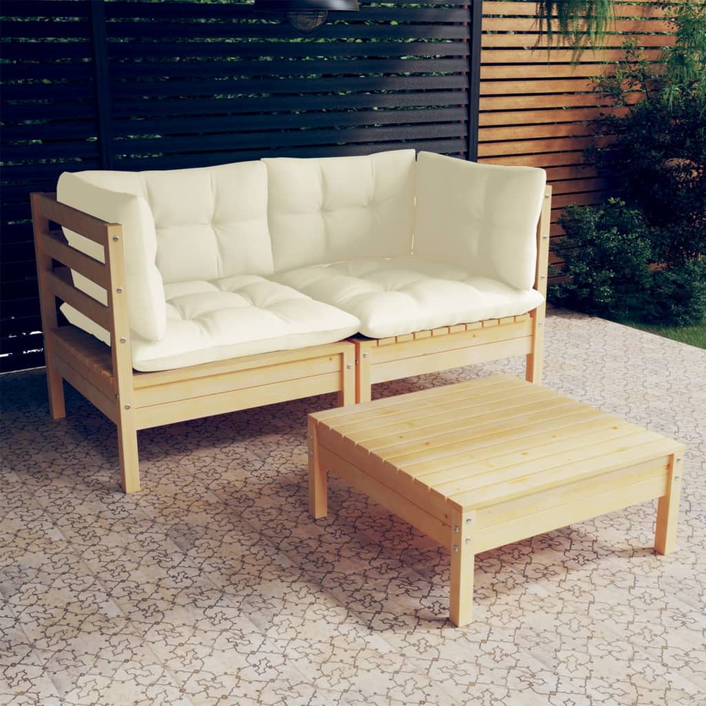 vidaXL 3-tlg. Garten-Lounge-Set mit Creme Kissen Kiefernholz