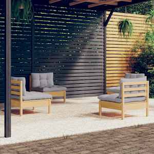 Vrtna sedežna garnitura 4-delna s sivimi blazinami borovina