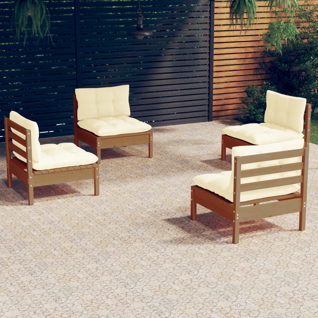 4-tlg. Garten-Lounge-Set mit Creme Kissen Kiefernholz