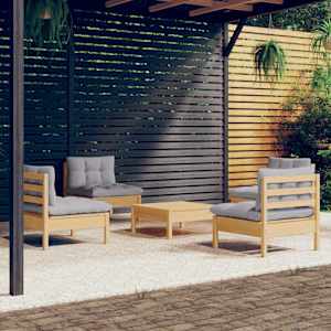 Vrtna sedežna garnitura 5-delna s sivimi blazinami borovina