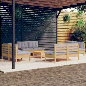 Vrtna sedežna garnitura 9-delna s sivimi blazinami borovina