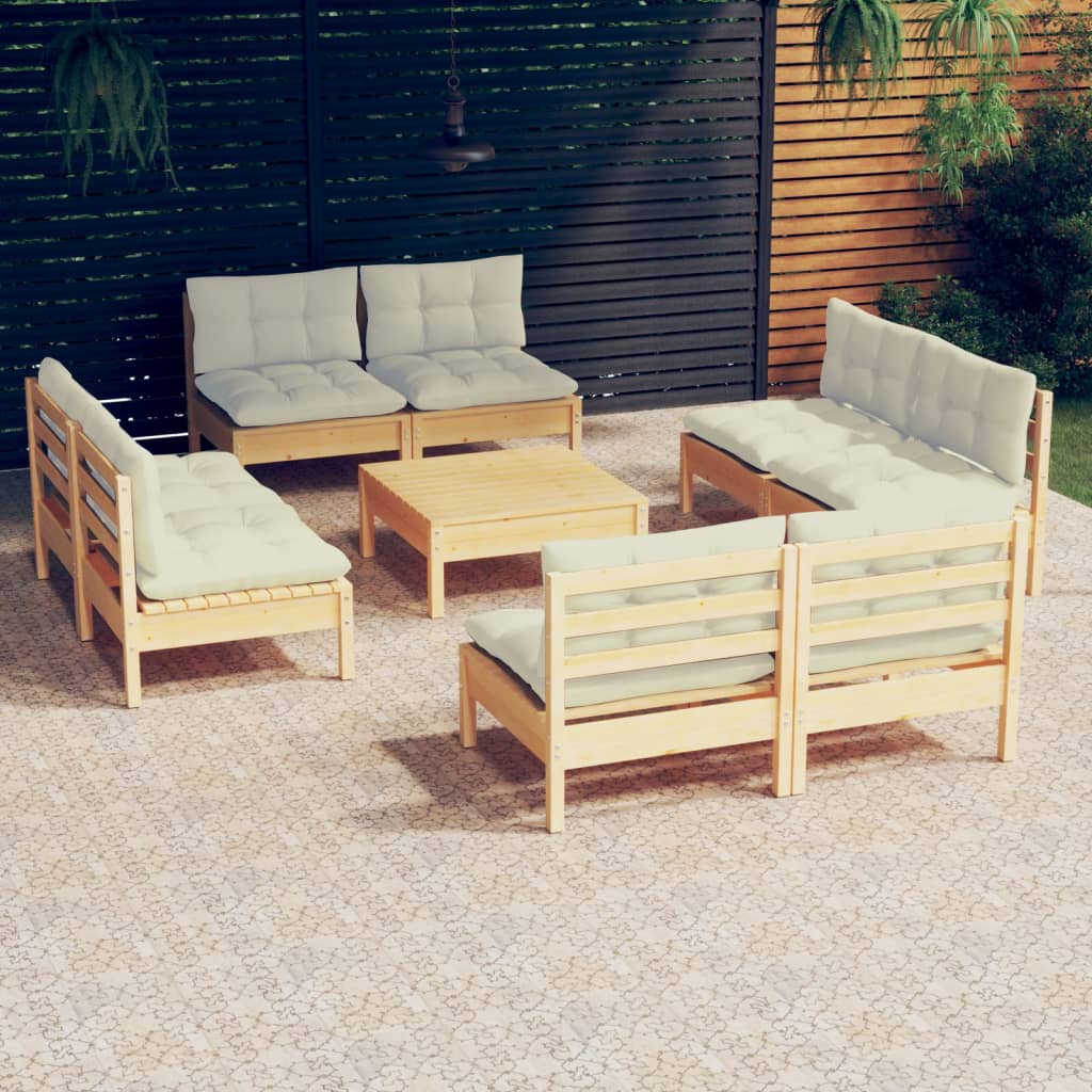 Set mobilier grădină cu perne, 9 piese, crem, lemn de pin