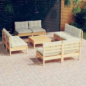 Vrtna sedežna garnitura 9-delna s krem blazinami borovina