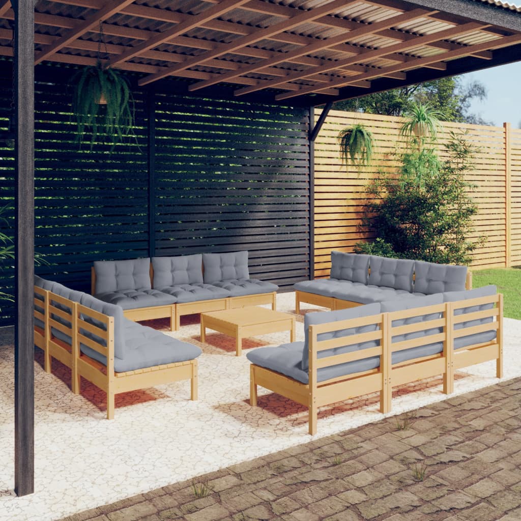 vidaXL 13-tlg. Garten-Lounge-Set mit Grauen Kissen Kiefernholz