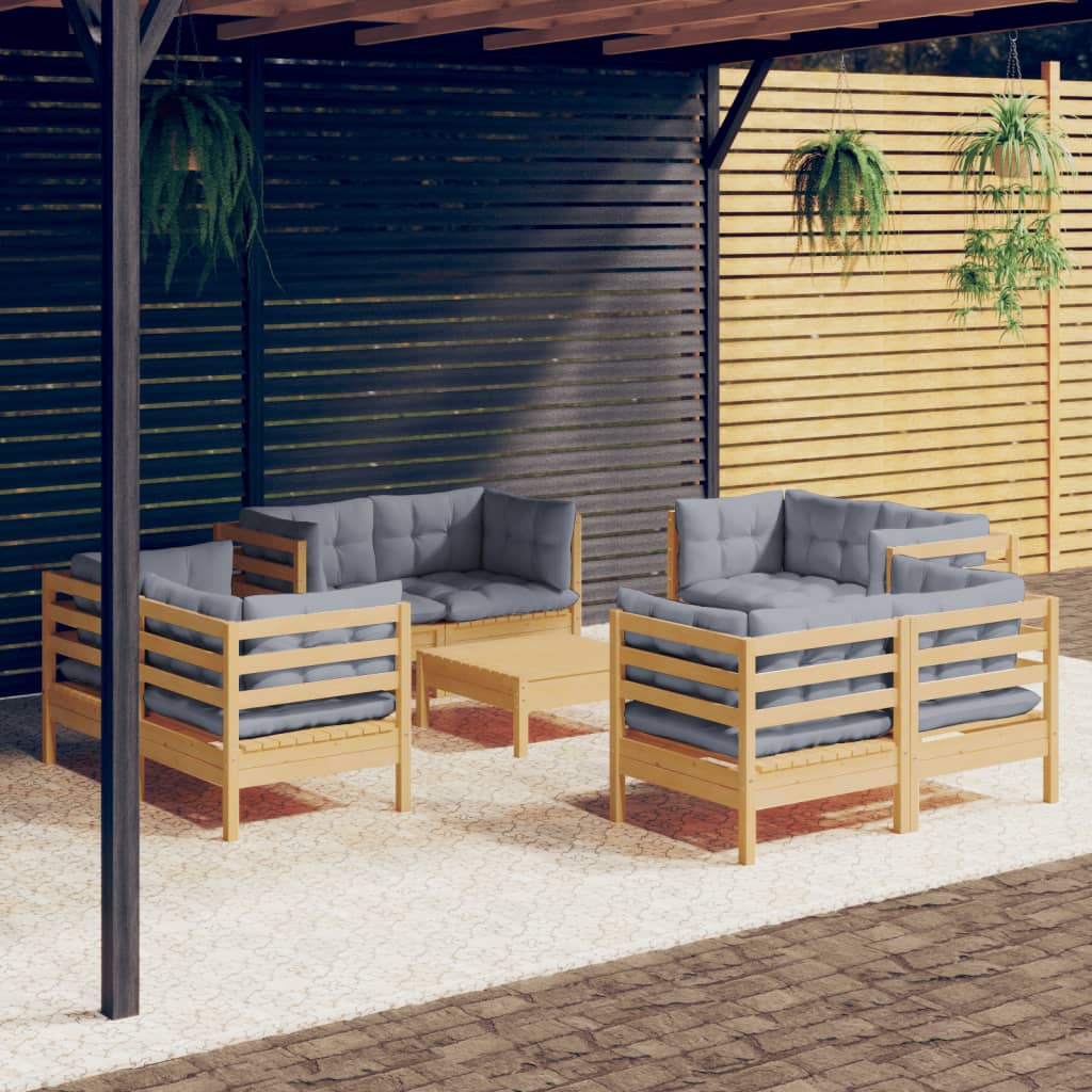 vidaXL 9-tlg. Garten-Lounge-Set mit Grauen Kissen Kiefernholz