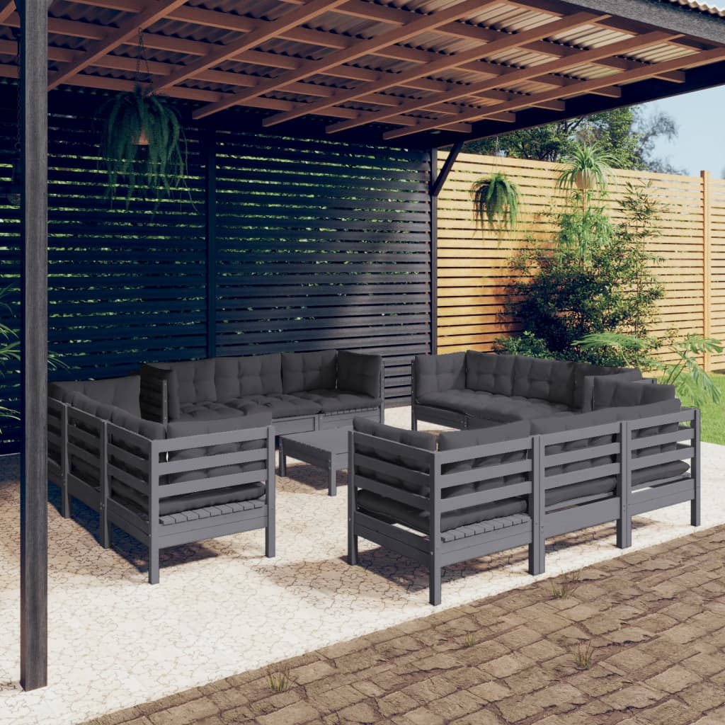 Salon de jardin 13 pcs avec coussins anthracite bois de pin