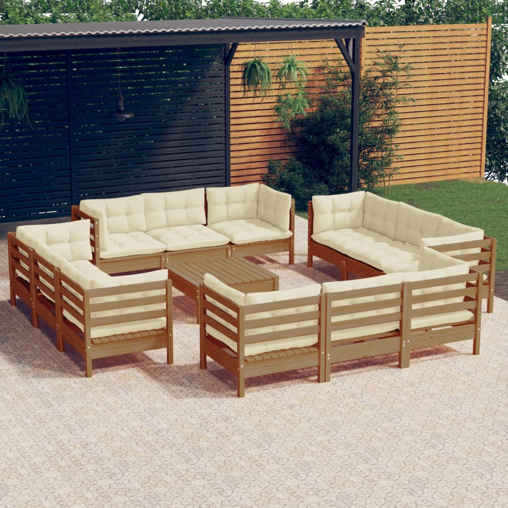 vidaXL Salon de jardin 13 pcs avec coussins crème Bois de pin