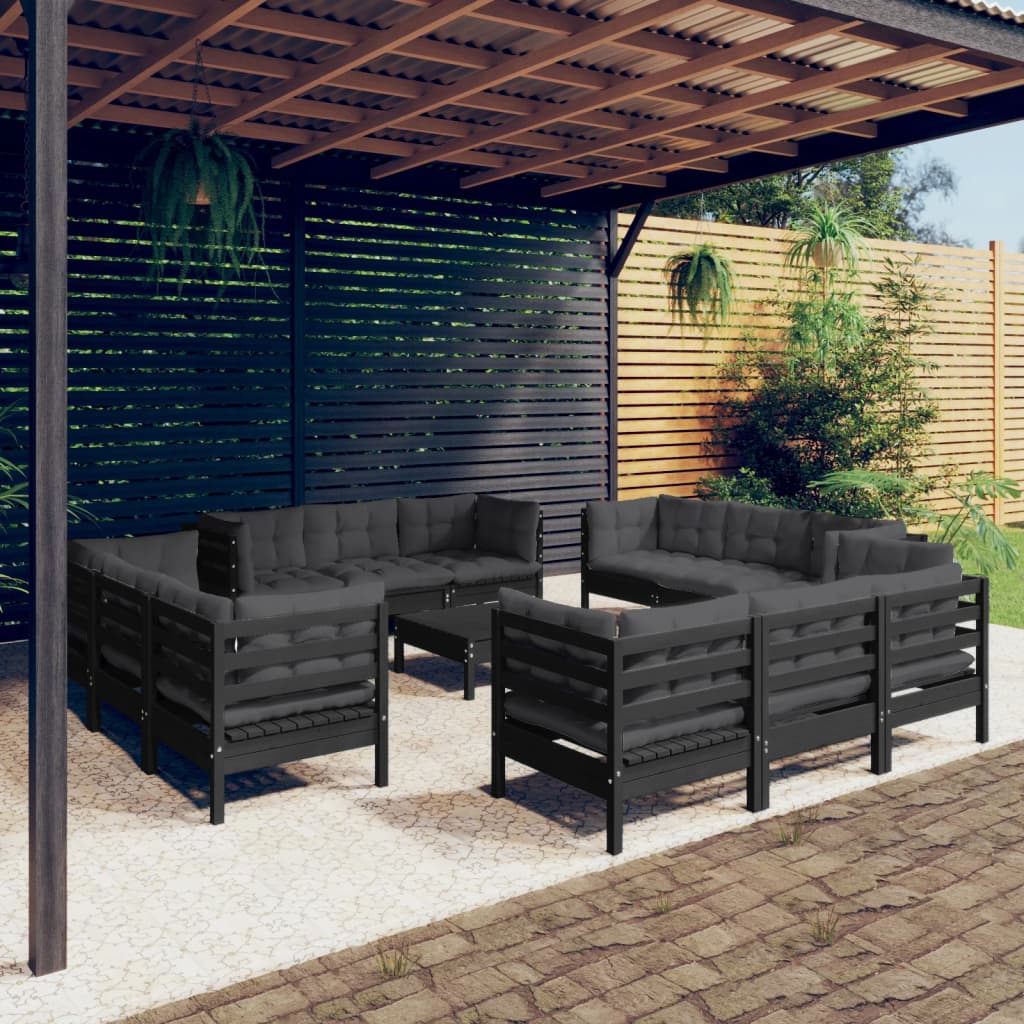 Salon de jardin 13 pcs avec coussins anthracite Bois de pin