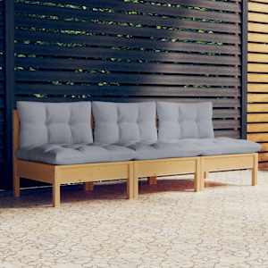 Vrtni kavč trosed s sivimi blazinami trdna borovina