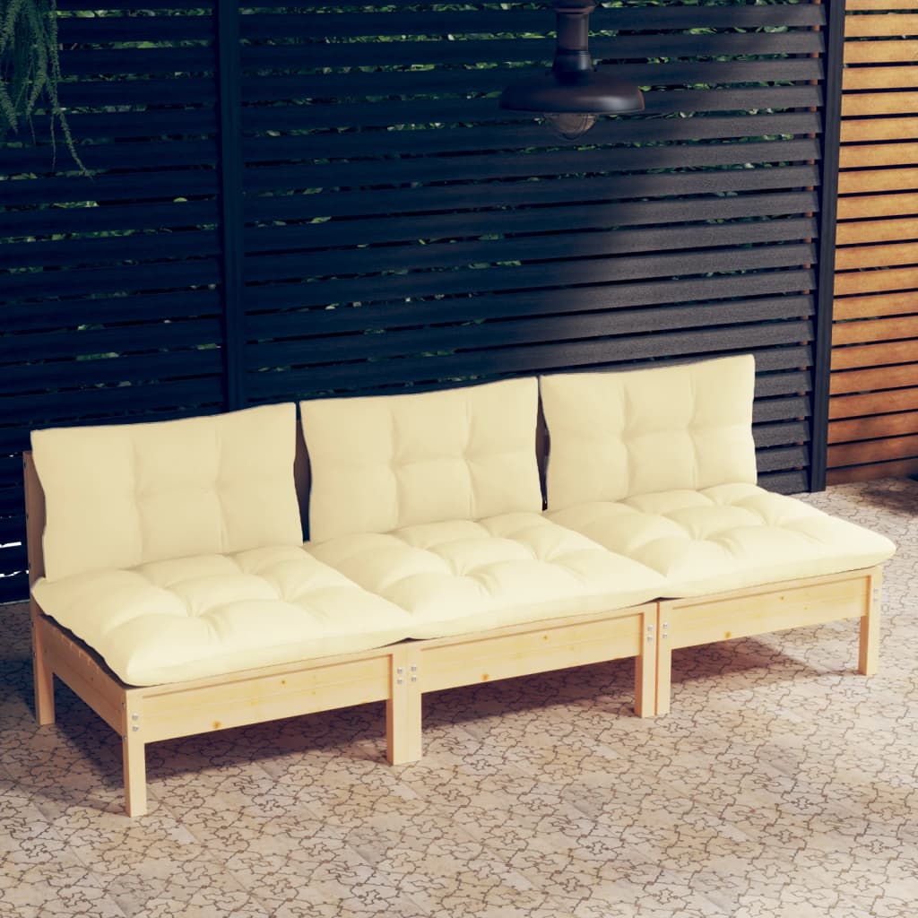 vidaXL 3-personers havesofa med cremefarvede hynder massivt fyrretræ