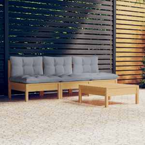 Vrtna sedežna garnitura 4-delna s sivimi blazinami borovina