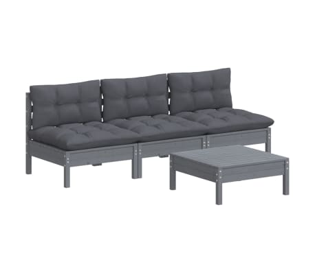 vidaXL 4 pcs conj. lounge de jardim com almofad&otilde;es antracite pinho