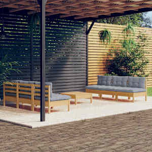 Vrtna sedežna garnitura 7-delna s sivimi blazinami borovina