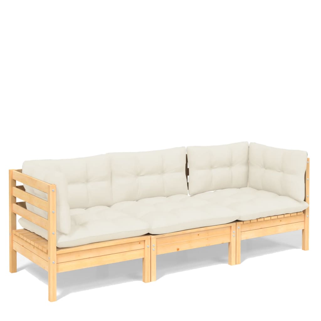 Image of vidaXL 3-Seater Garden Sofa with Cream Cushions Solid Pinewood