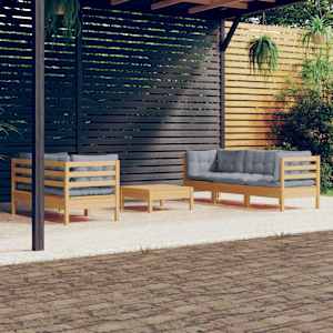 Vrtna sedežna garnitura 6-delna s sivimi blazinami borovina